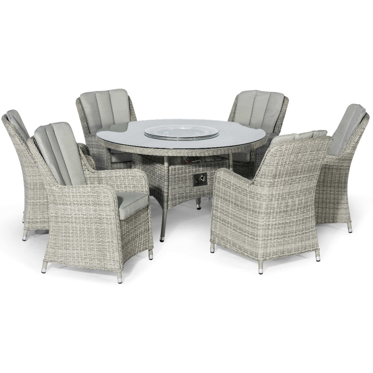 Oxford 6 Seat Round Fire Pit Dining Set with Venice Chairs and Lazy Susan in Light Grey