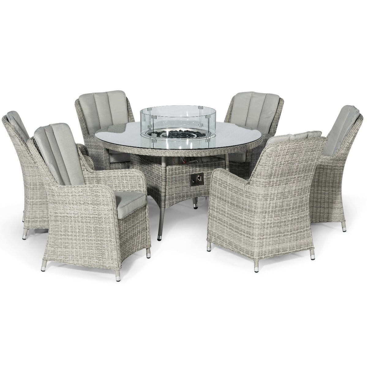 Oxford 6 Seat Round Fire Pit Dining Set with Venice Chairs and Lazy Susan in Light Grey