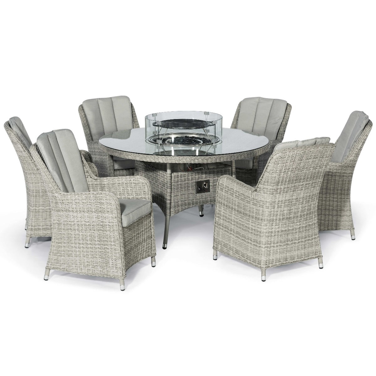 Oxford 6 Seat Round Fire Pit Dining Set with Venice Chairs and Lazy Susan in Light Grey