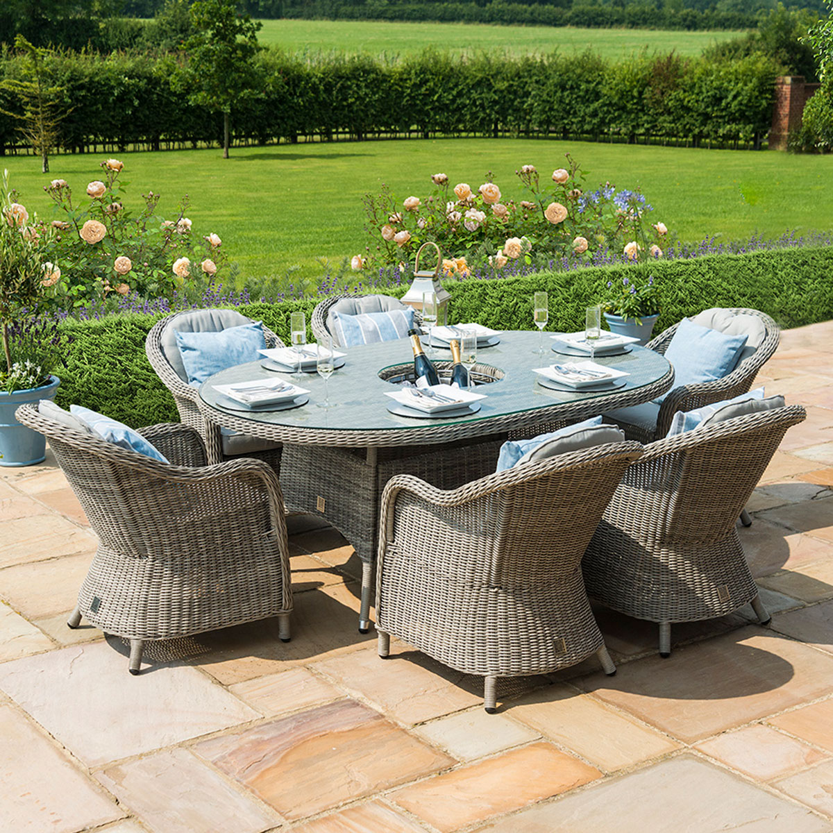 Oxford 6 Seat Oval Ice Bucket Dining Set with Heritage Chairs Lazy Susan in Light Grey