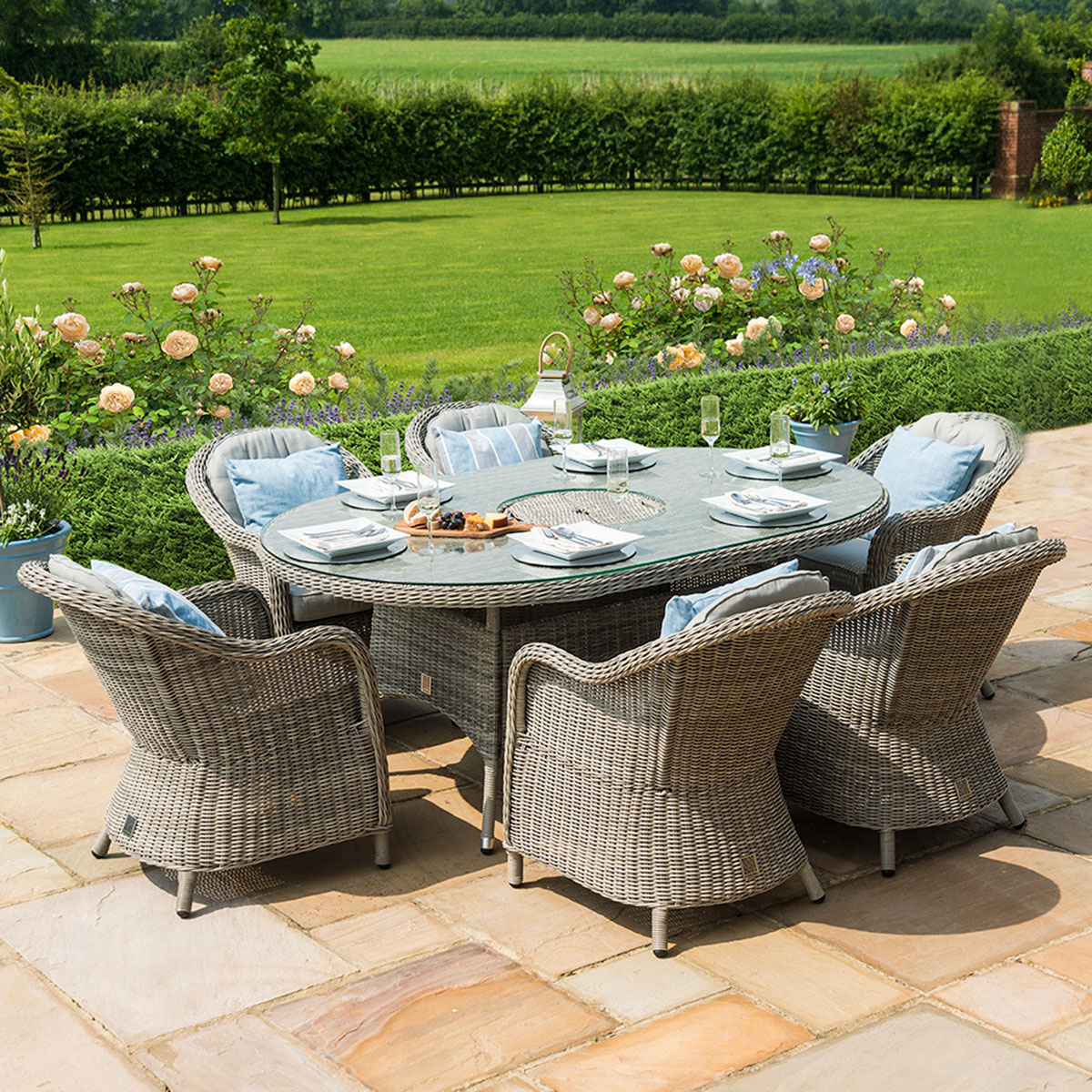 Oxford 6 Seat Oval Ice Bucket Dining Set with Heritage Chairs Lazy Susan in Light Grey