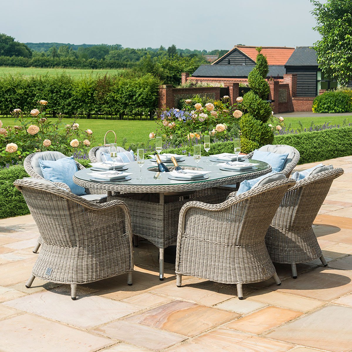 Oxford 6 Seat Oval Ice Bucket Dining Set with Heritage Chairs Lazy Susan in Light Grey