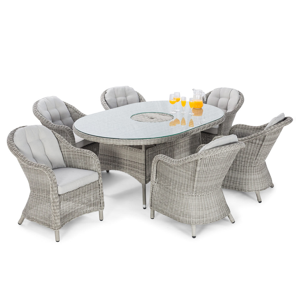 Oxford 6 Seat Oval Ice Bucket Dining Set with Heritage Chairs Lazy Susan in Light Grey