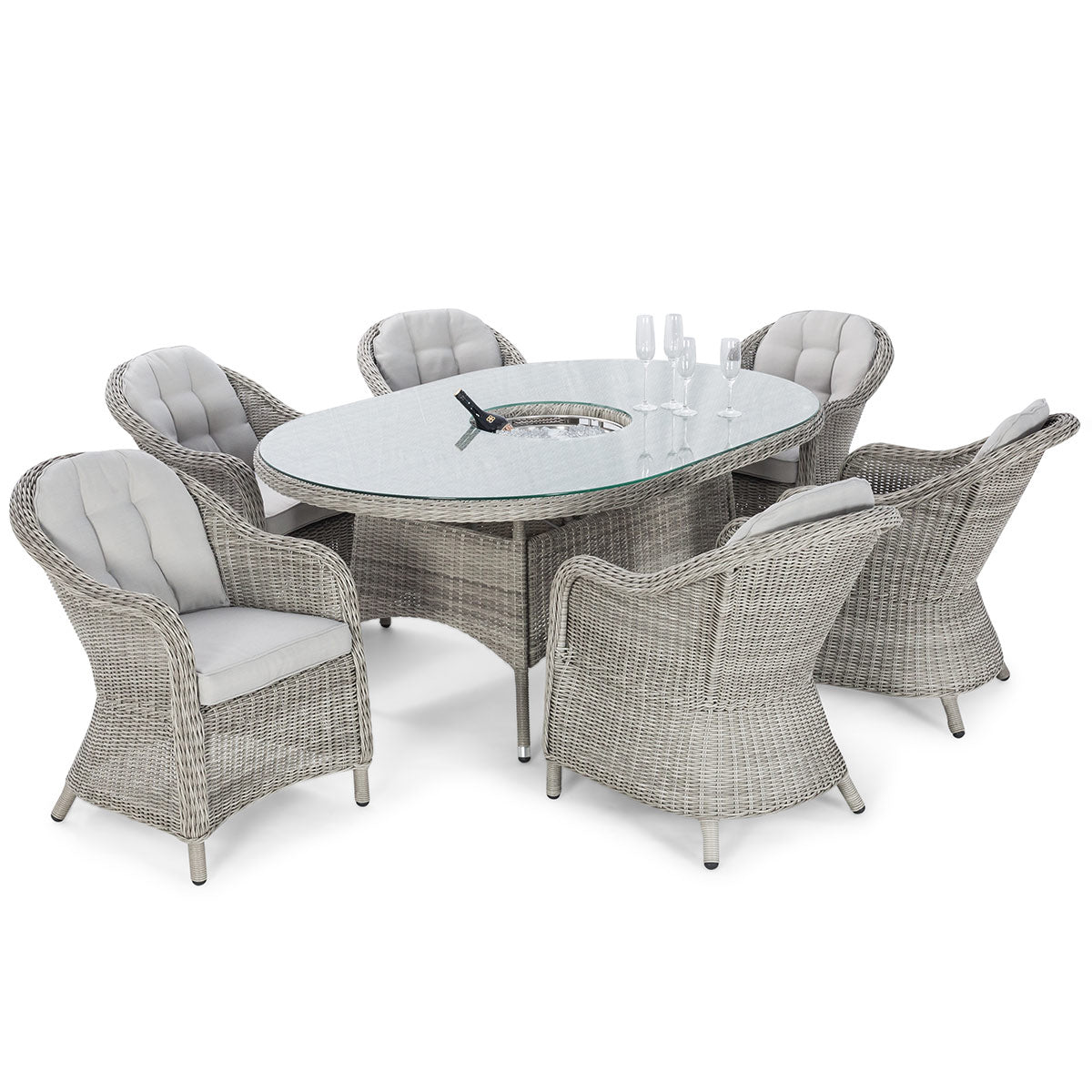 Oxford 6 Seat Oval Ice Bucket Dining Set with Heritage Chairs Lazy Susan in Light Grey