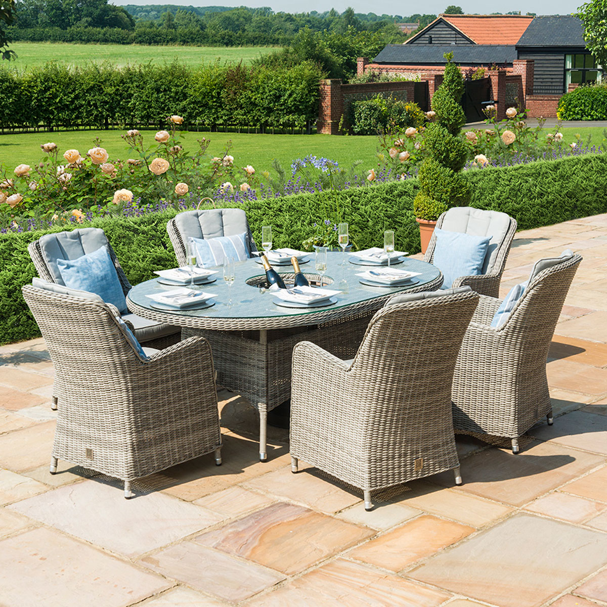 Oxford 6 Seat Oval Ice Bucket Dining Set with Venice Chairs Lazy Susan in Light Grey