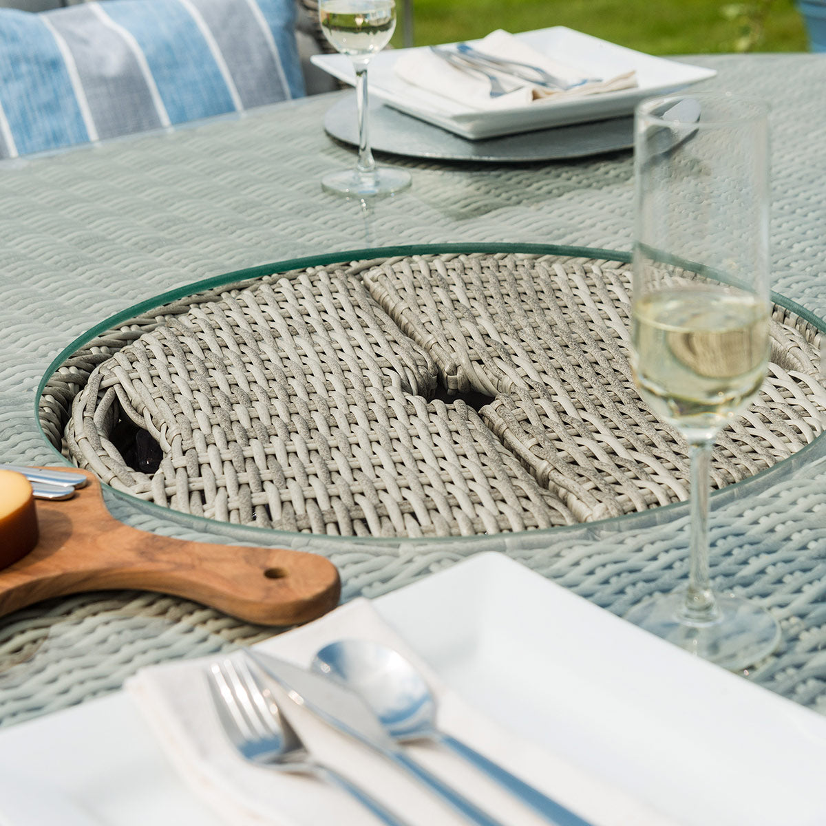 Oxford 6 Seat Oval Ice Bucket Dining Set with Venice Chairs Lazy Susan in Light Grey