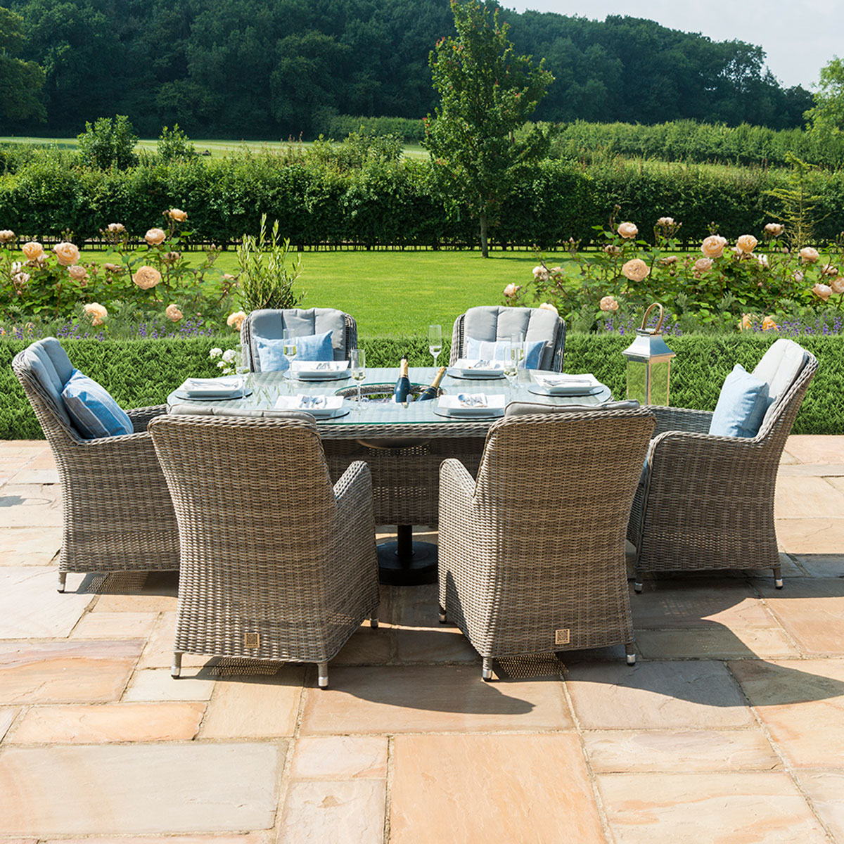 Oxford 6 Seat Oval Ice Bucket Dining Set with Venice Chairs Lazy Susan in Light Grey