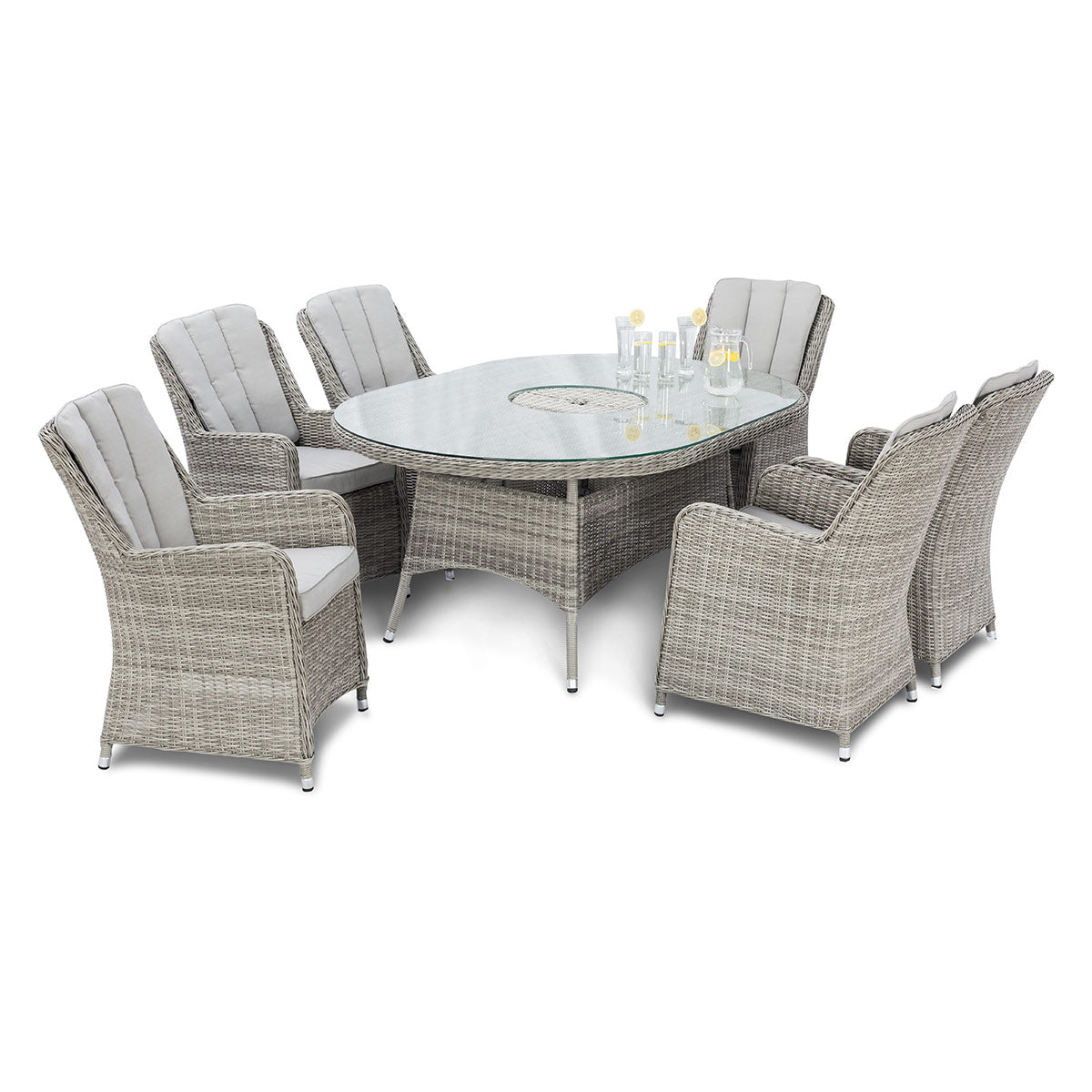 Oxford 6 Seat Oval Ice Bucket Dining Set with Venice Chairs Lazy Susan in Light Grey