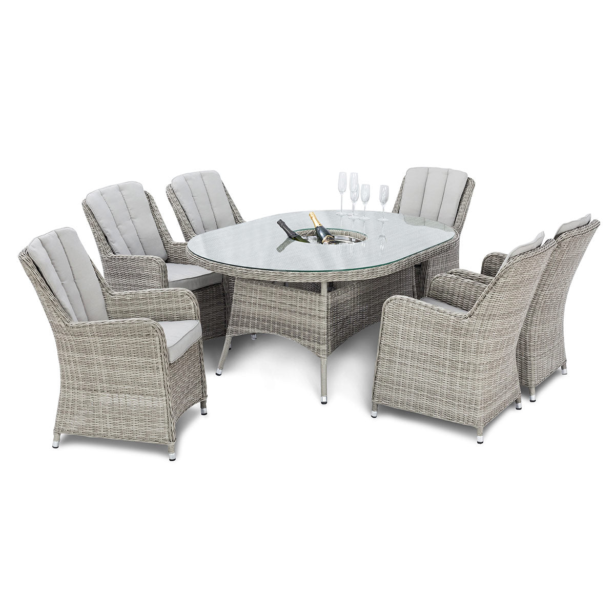 Oxford 6 Seat Oval Ice Bucket Dining Set with Venice Chairs Lazy Susan in Light Grey