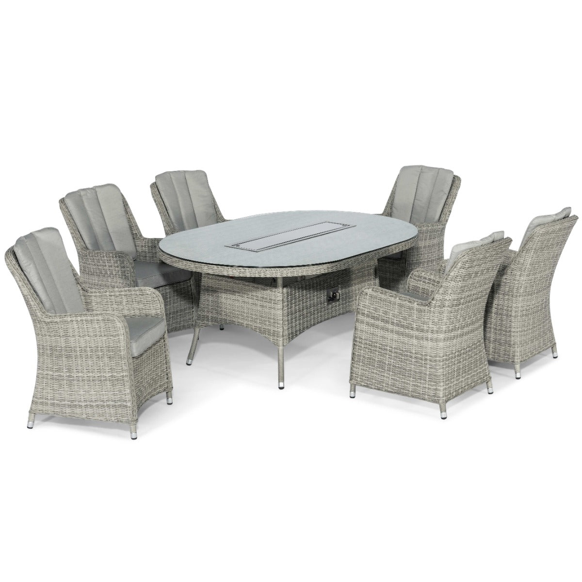 Oxford 6 Seat Oval Fire Pit Dining Set with Venice Chairs in Light Grey