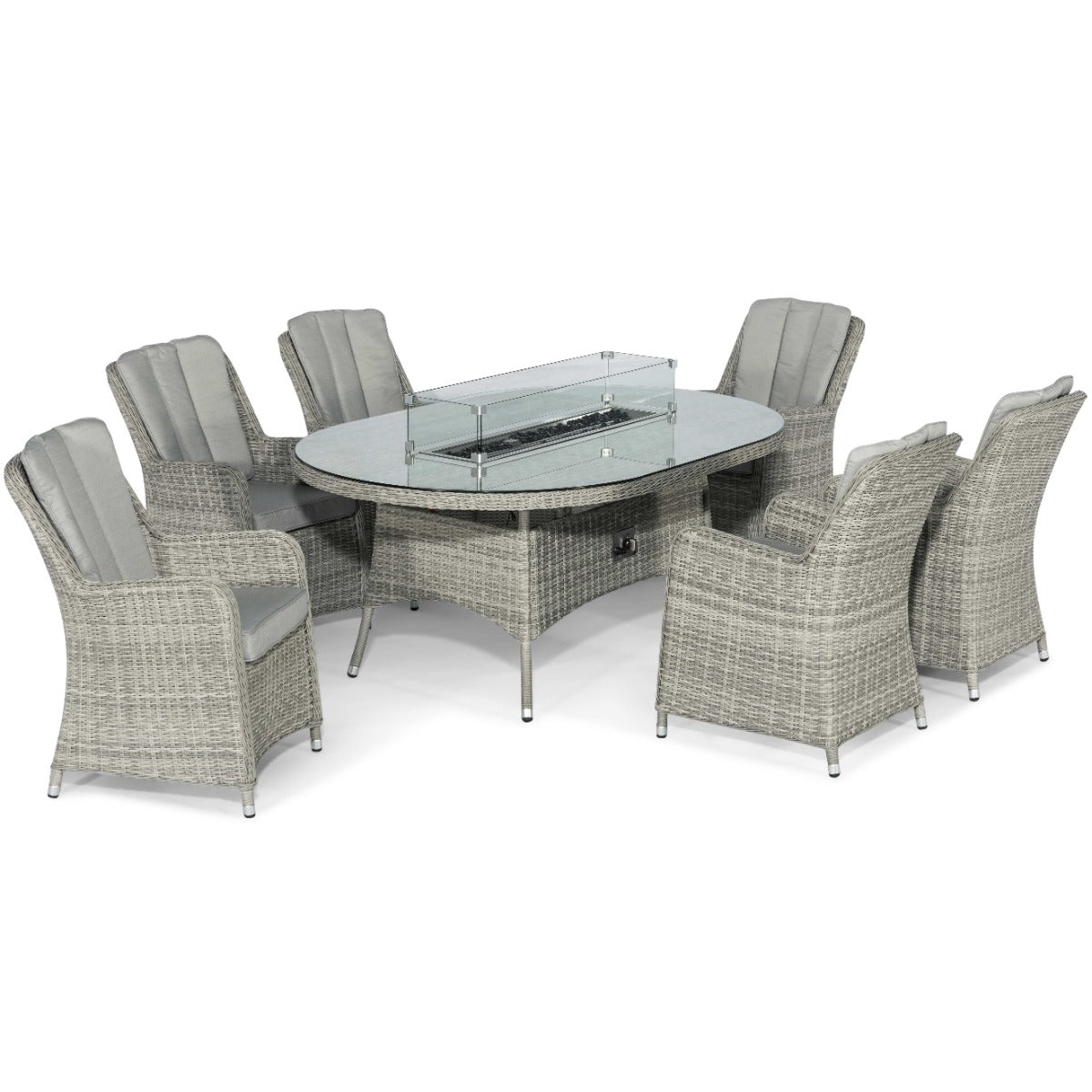 Oxford 6 Seat Oval Fire Pit Dining Set with Venice Chairs in Light Grey