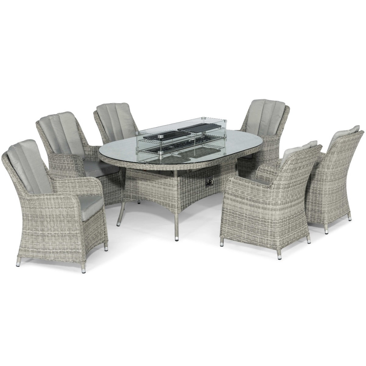 Oxford 6 Seat Oval Fire Pit Dining Set with Venice Chairs in Light Grey