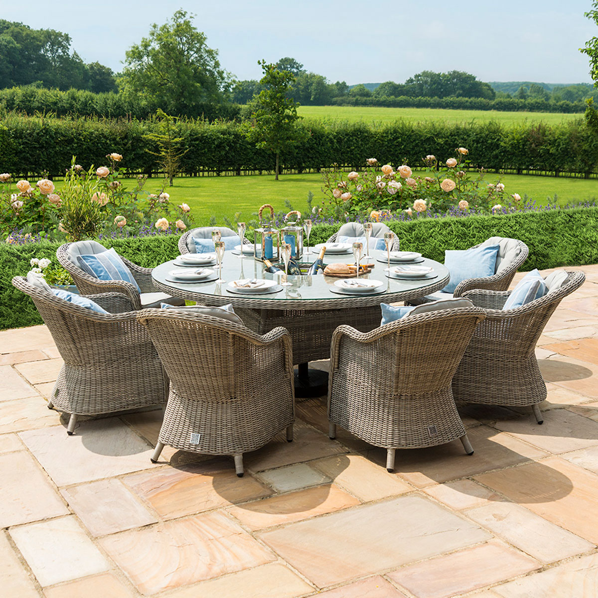 Oxford 8 Seat Round Ice Bucket Dining Set with Heritage Chairs Lazy Susan in Light Grey