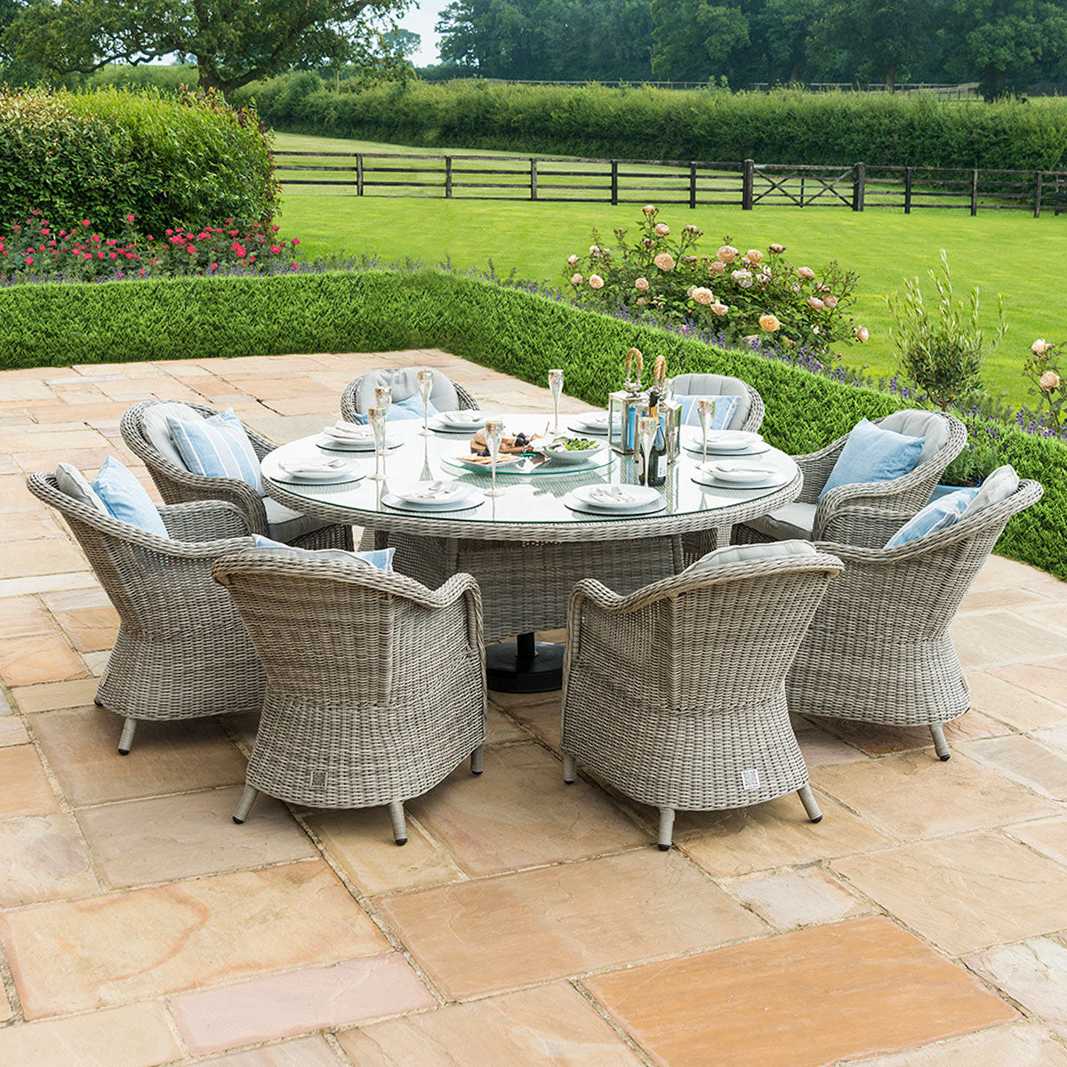 Oxford 8 Seat Round Ice Bucket Dining Set with Heritage Chairs Lazy Susan in Light Grey