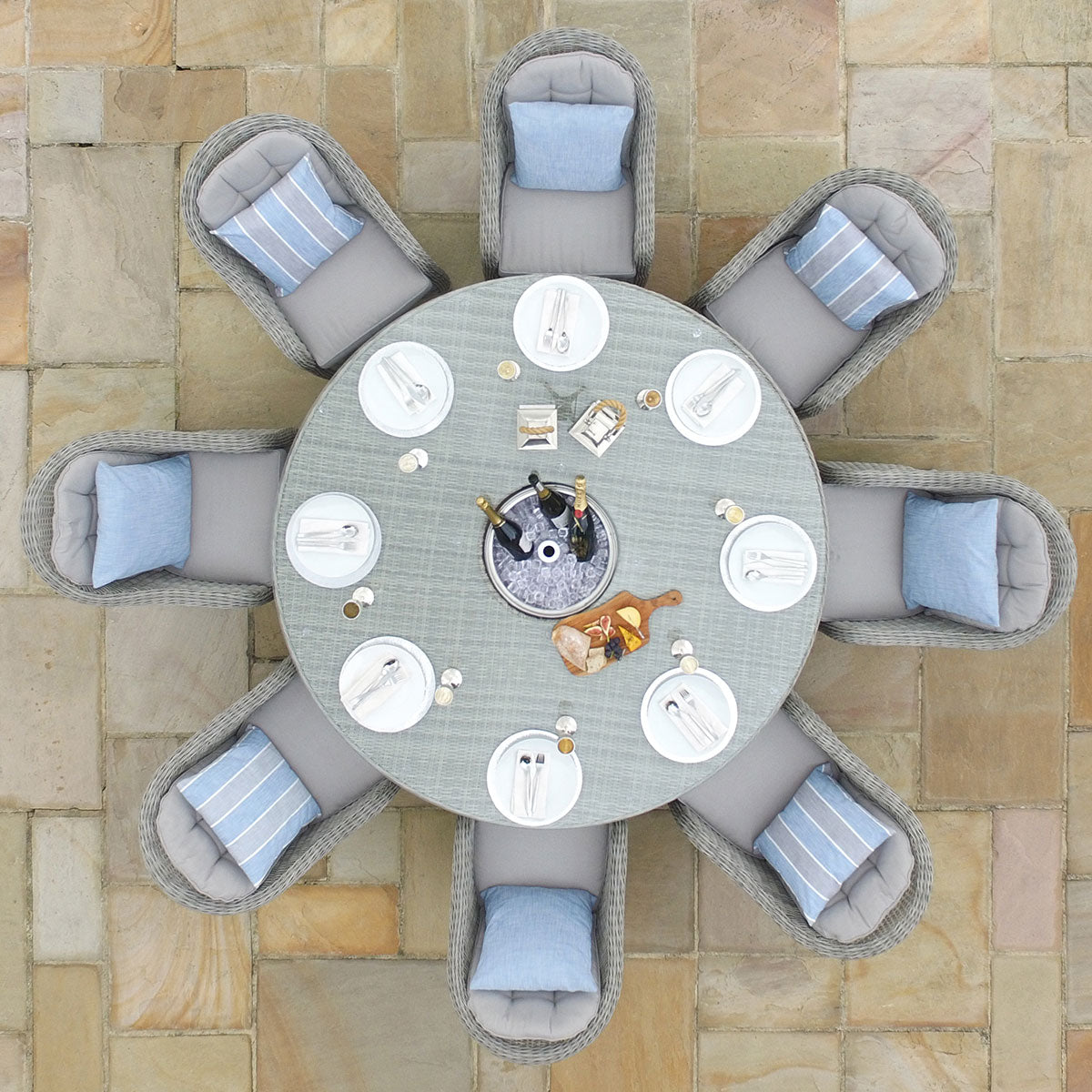 Oxford 8 Seat Round Ice Bucket Dining Set with Heritage Chairs Lazy Susan in Light Grey