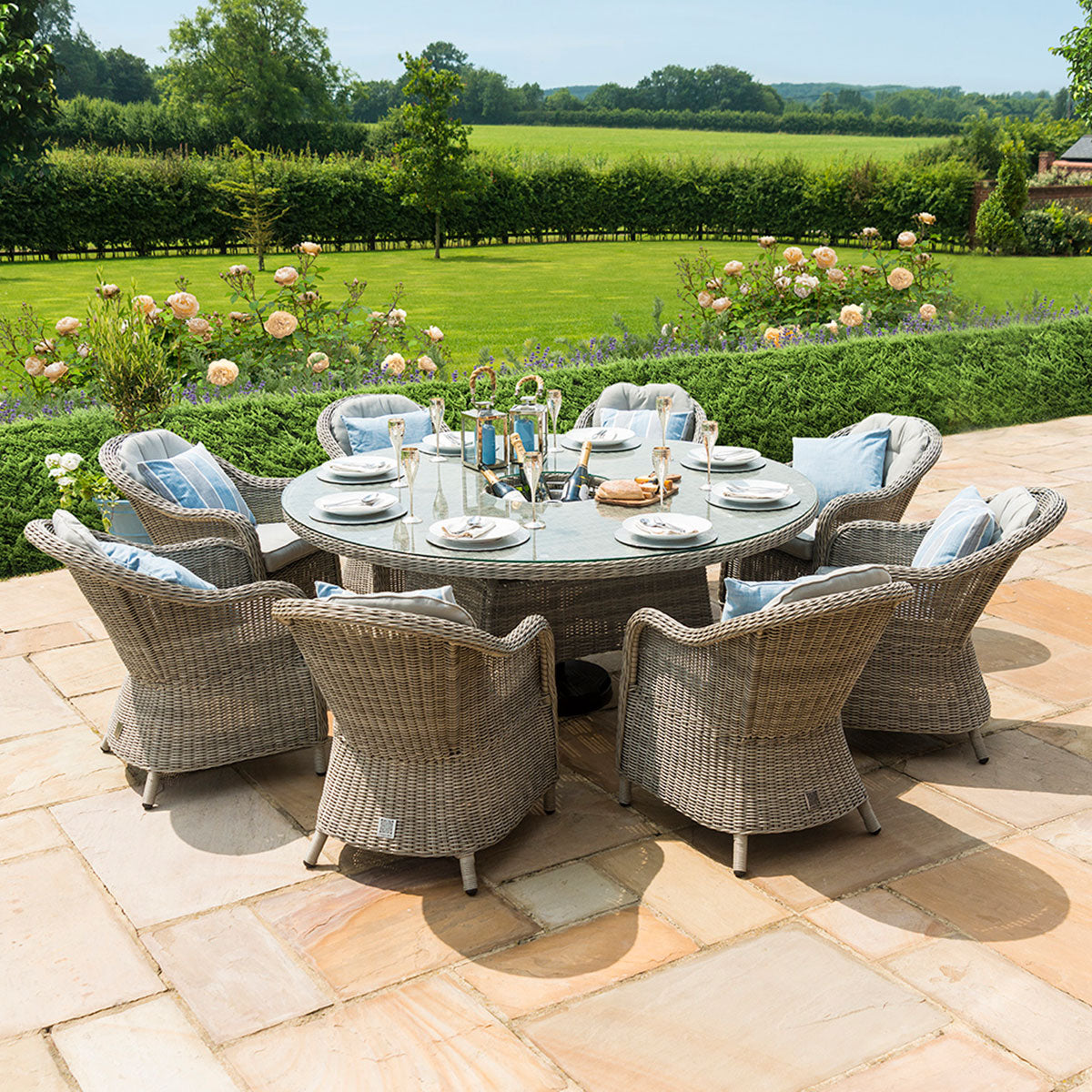 Oxford 8 Seat Round Ice Bucket Dining Set with Heritage Chairs Lazy Susan in Light Grey