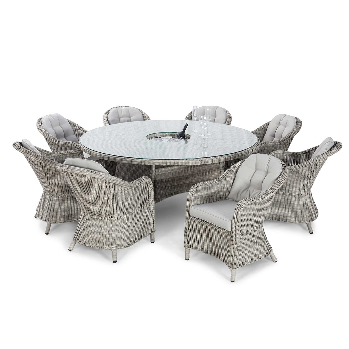 Oxford 8 Seat Round Ice Bucket Dining Set with Heritage Chairs Lazy Susan in Light Grey