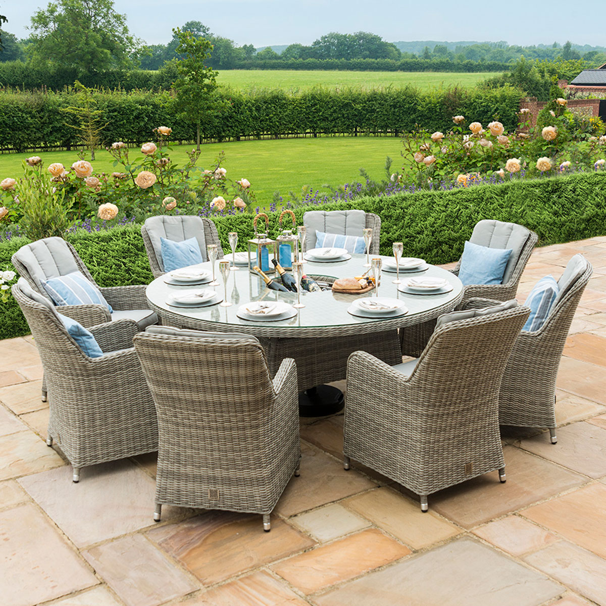 Oxford 8 Seat Round Ice Bucket Dining Set with Venice Chairs Lazy Susan in Light Grey