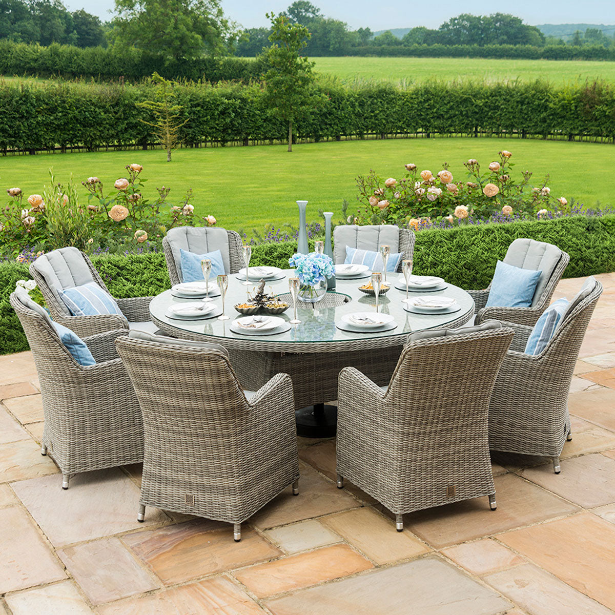 Oxford 8 Seat Round Ice Bucket Dining Set with Venice Chairs Lazy Susan in Light Grey