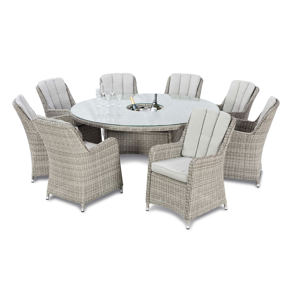 Oxford 8 Seat Round Ice Bucket Dining Set with Venice Chairs Lazy Susan in Light Grey