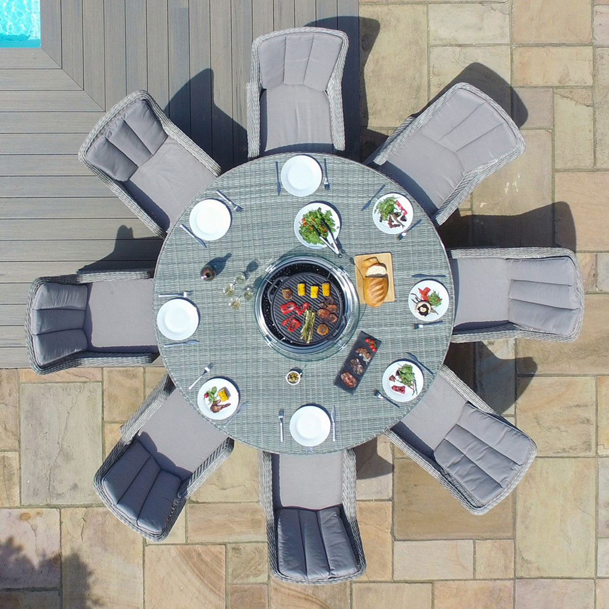 Oxford 8 Seat Round Fire Pit Dining Set with Venice Chairs and Lazy Susan in Light Grey