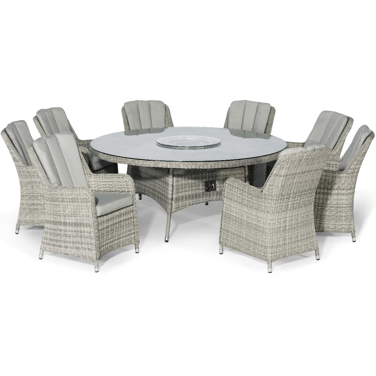 Oxford 8 Seat Round Fire Pit Dining Set with Venice Chairs and Lazy Susan in Light Grey