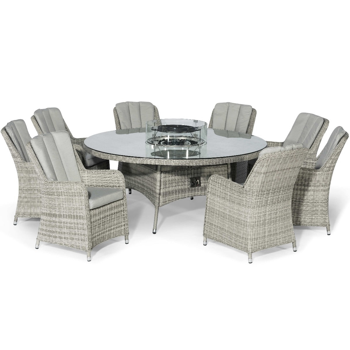 Oxford 8 Seat Round Fire Pit Dining Set with Venice Chairs and Lazy Susan in Light Grey