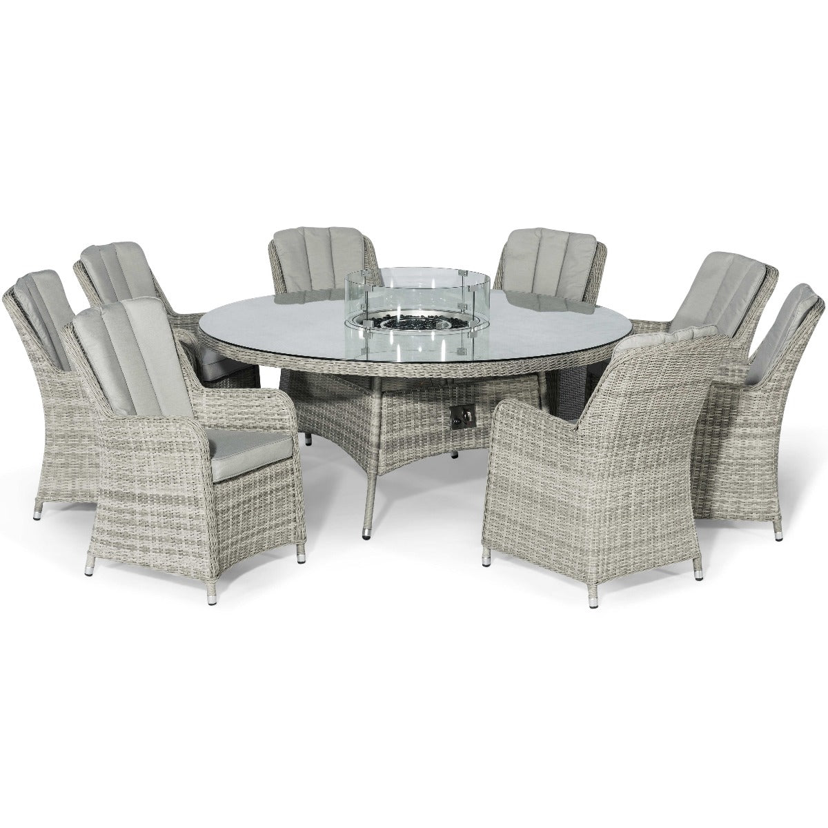 Oxford 8 Seat Round Fire Pit Dining Set with Venice Chairs and Lazy Susan in Light Grey