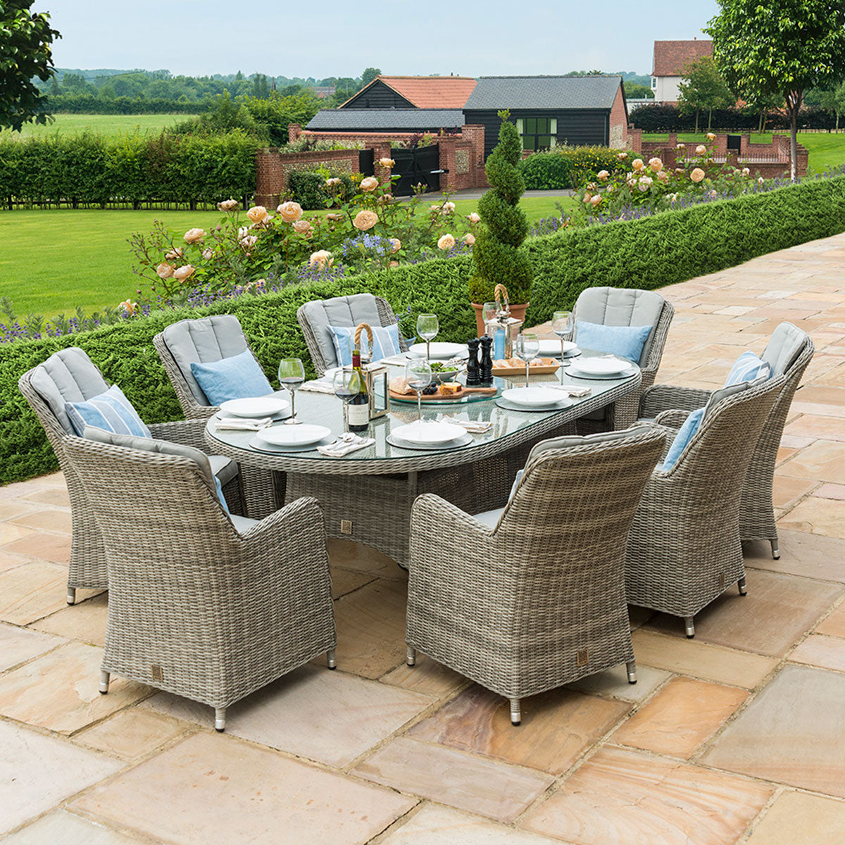 Oxford 8 Seat Oval Ice Bucket Dining Set with Venice Chairs Lazy Susan in Light Grey