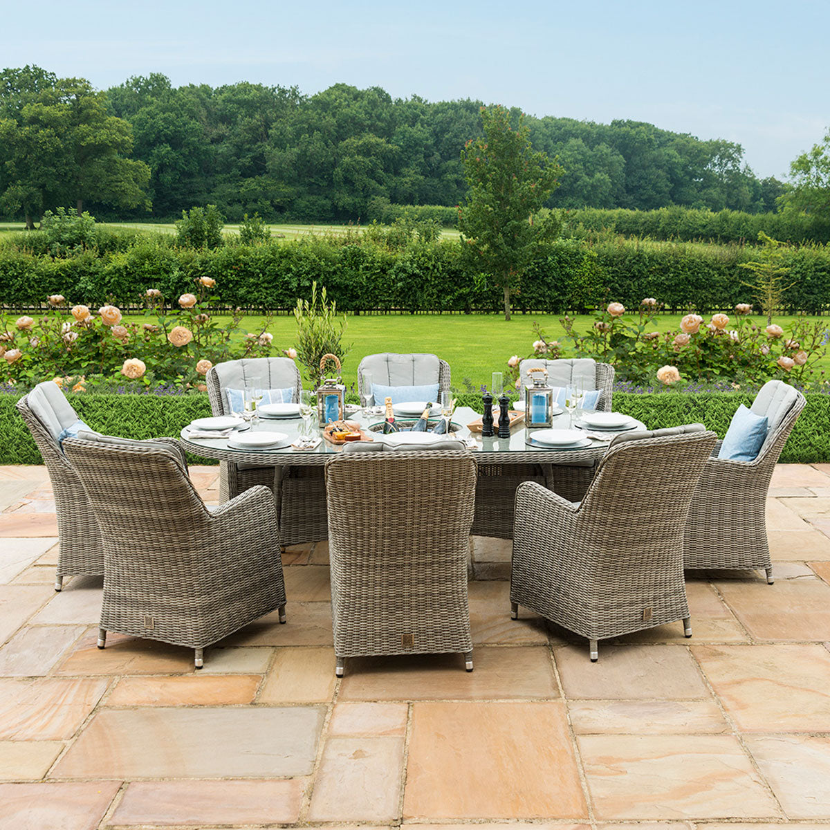 Oxford 8 Seat Oval Ice Bucket Dining Set with Venice Chairs Lazy Susan in Light Grey