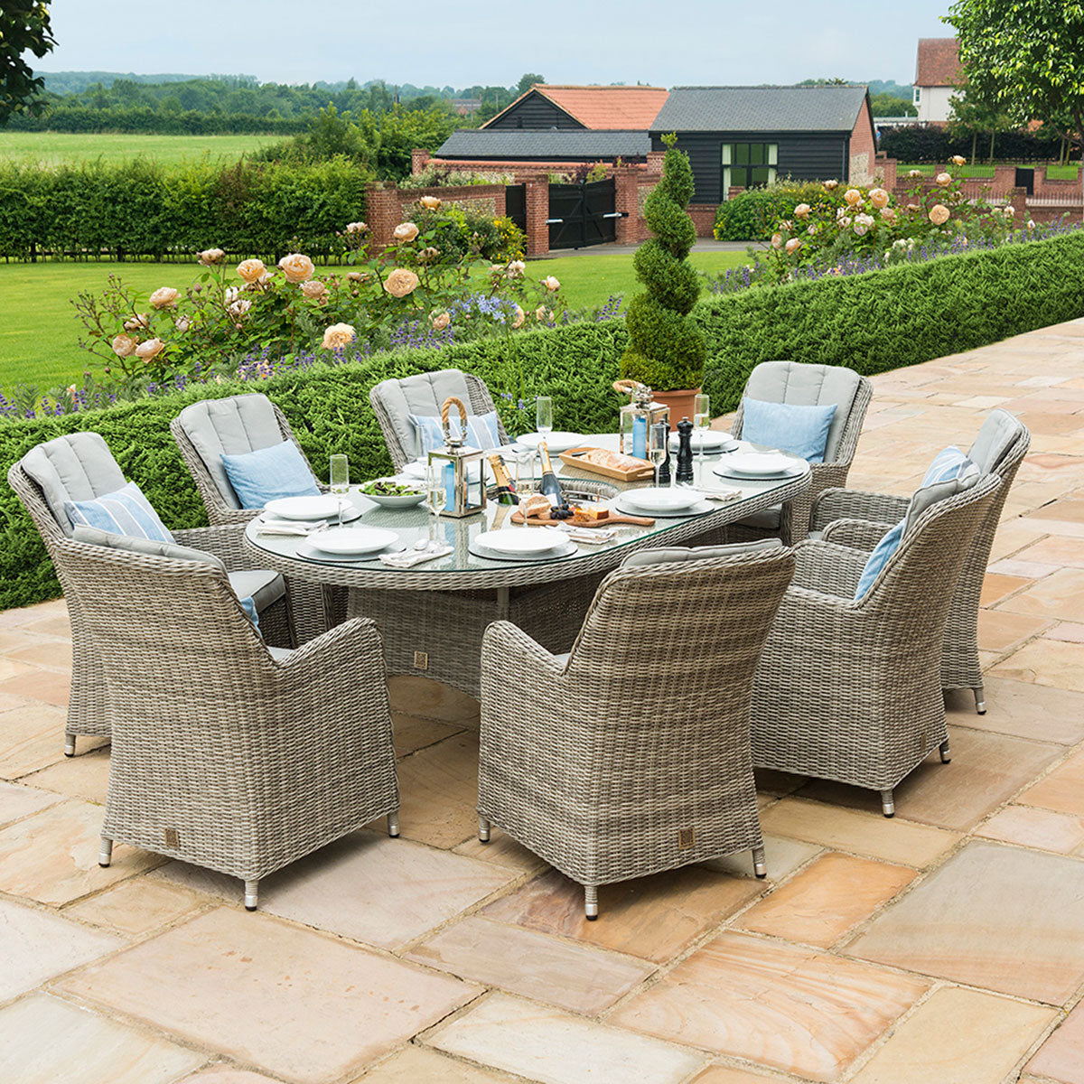 Oxford 8 Seat Oval Ice Bucket Dining Set with Venice Chairs Lazy Susan in Light Grey