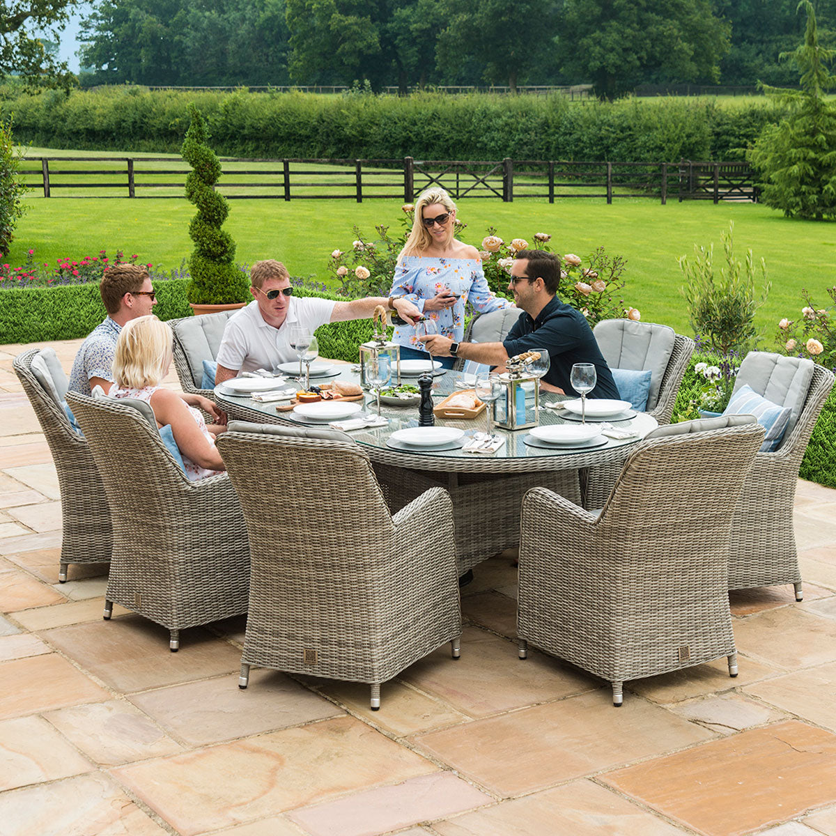 Oxford 8 Seat Oval Ice Bucket Dining Set with Venice Chairs Lazy Susan in Light Grey