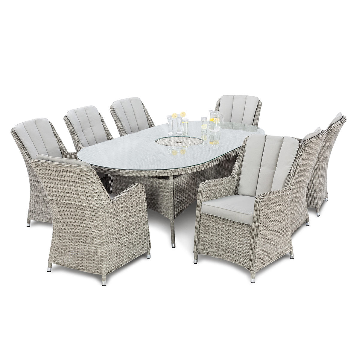 Oxford 8 Seat Oval Ice Bucket Dining Set with Venice Chairs Lazy Susan in Light Grey