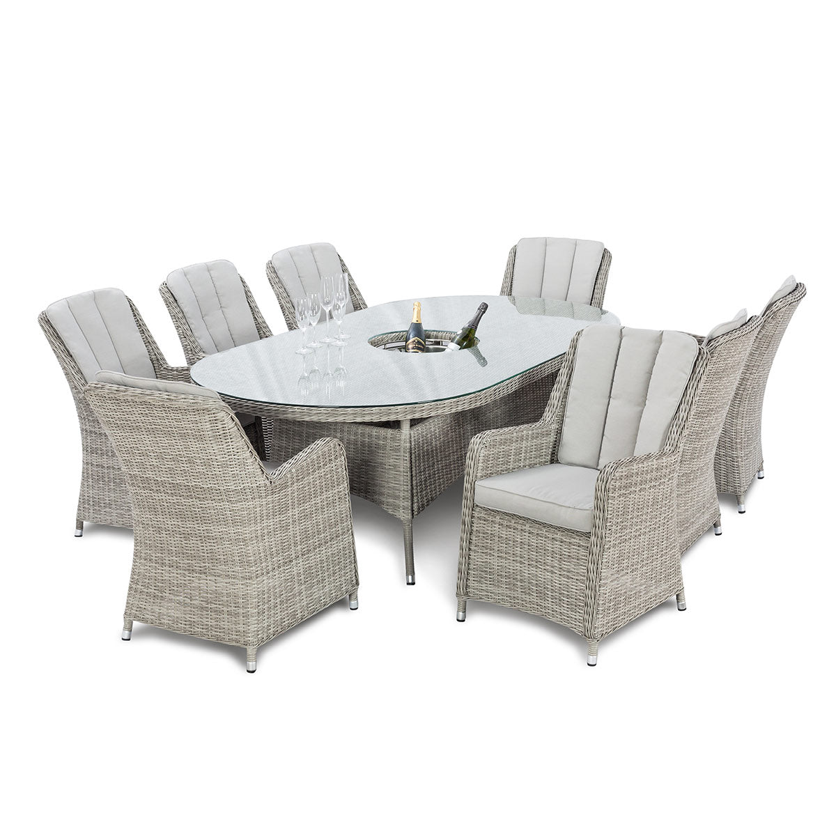 Oxford 8 Seat Oval Ice Bucket Dining Set with Venice Chairs Lazy Susan in Light Grey