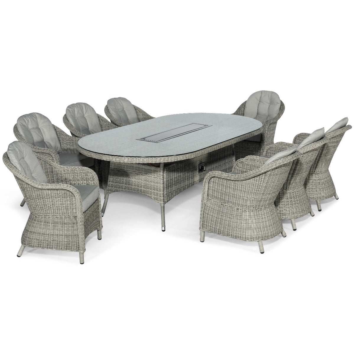 Oxford 8 Seat Oval Fire Pit Dining Set with Heritage Chairs in Light Grey