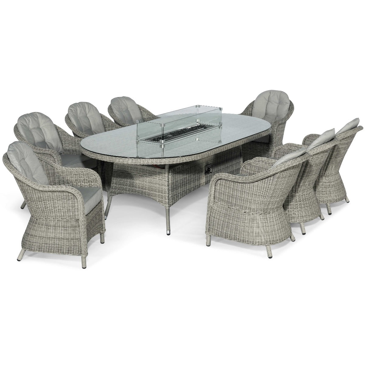 Oxford 8 Seat Oval Fire Pit Dining Set with Heritage Chairs in Light Grey