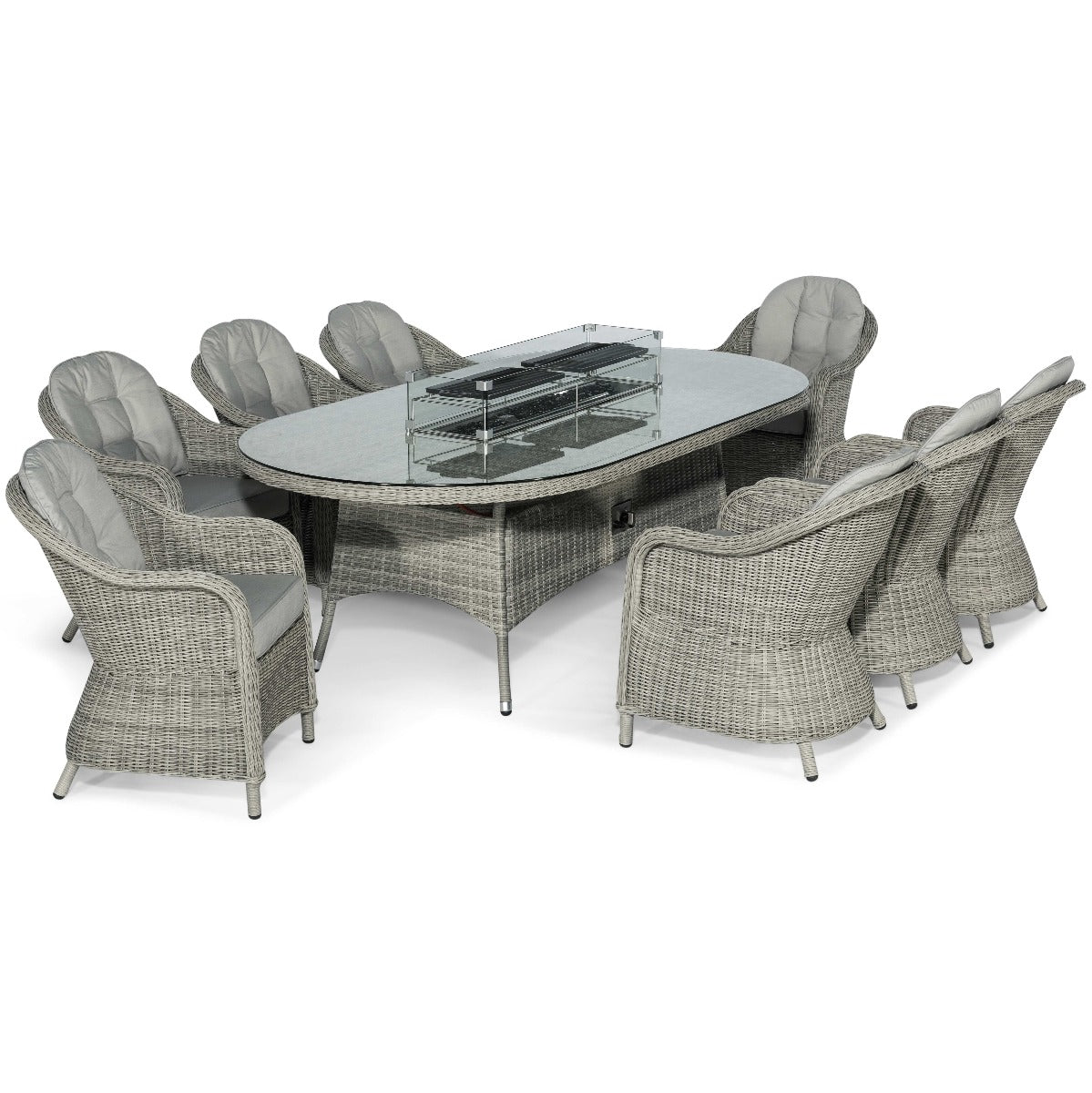 Oxford 8 Seat Oval Fire Pit Dining Set with Heritage Chairs in Light Grey