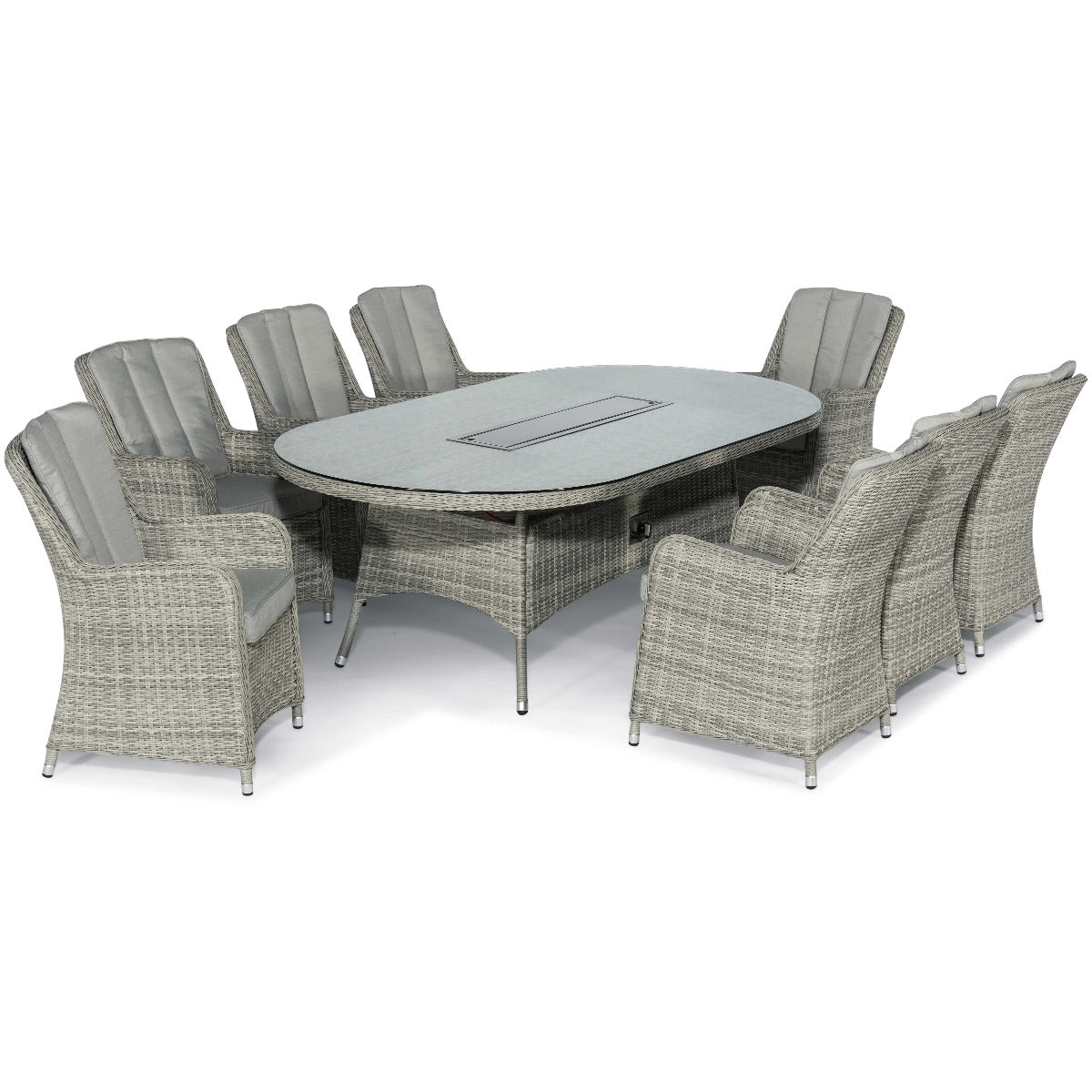 Oxford 8 Seat Oval Fire Pit Dining Set with Venice Chairs in Light Grey