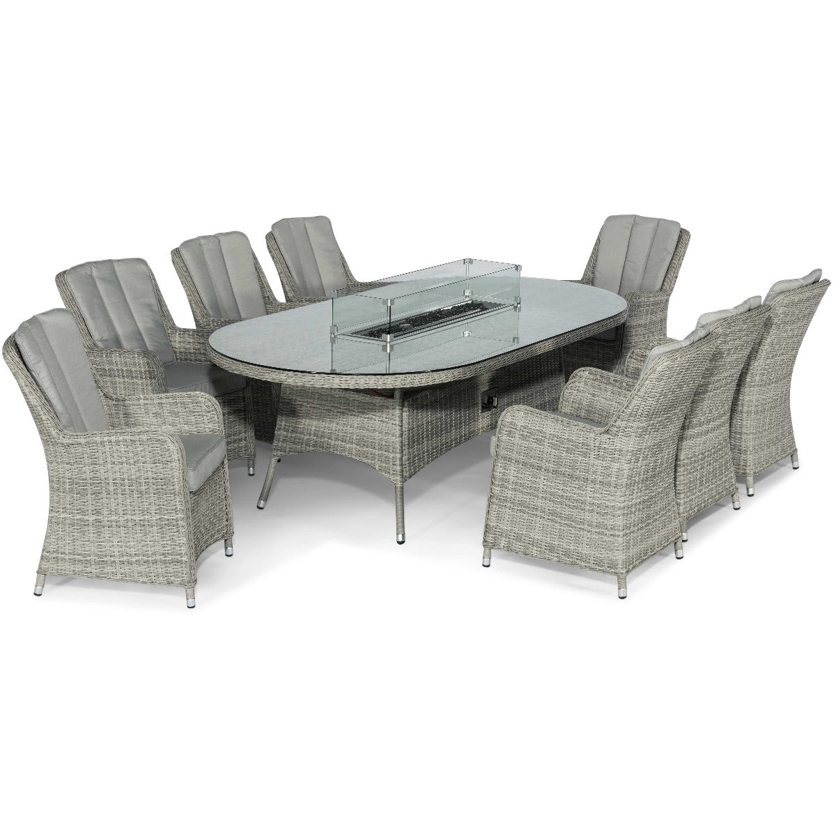 Oxford 8 Seat Oval Fire Pit Dining Set with Venice Chairs in Light Grey