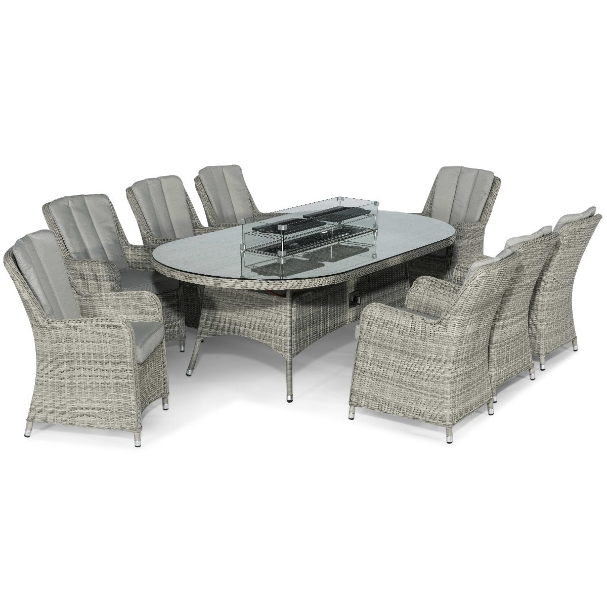 Oxford 8 Seat Oval Fire Pit Dining Set with Venice Chairs in Light Grey