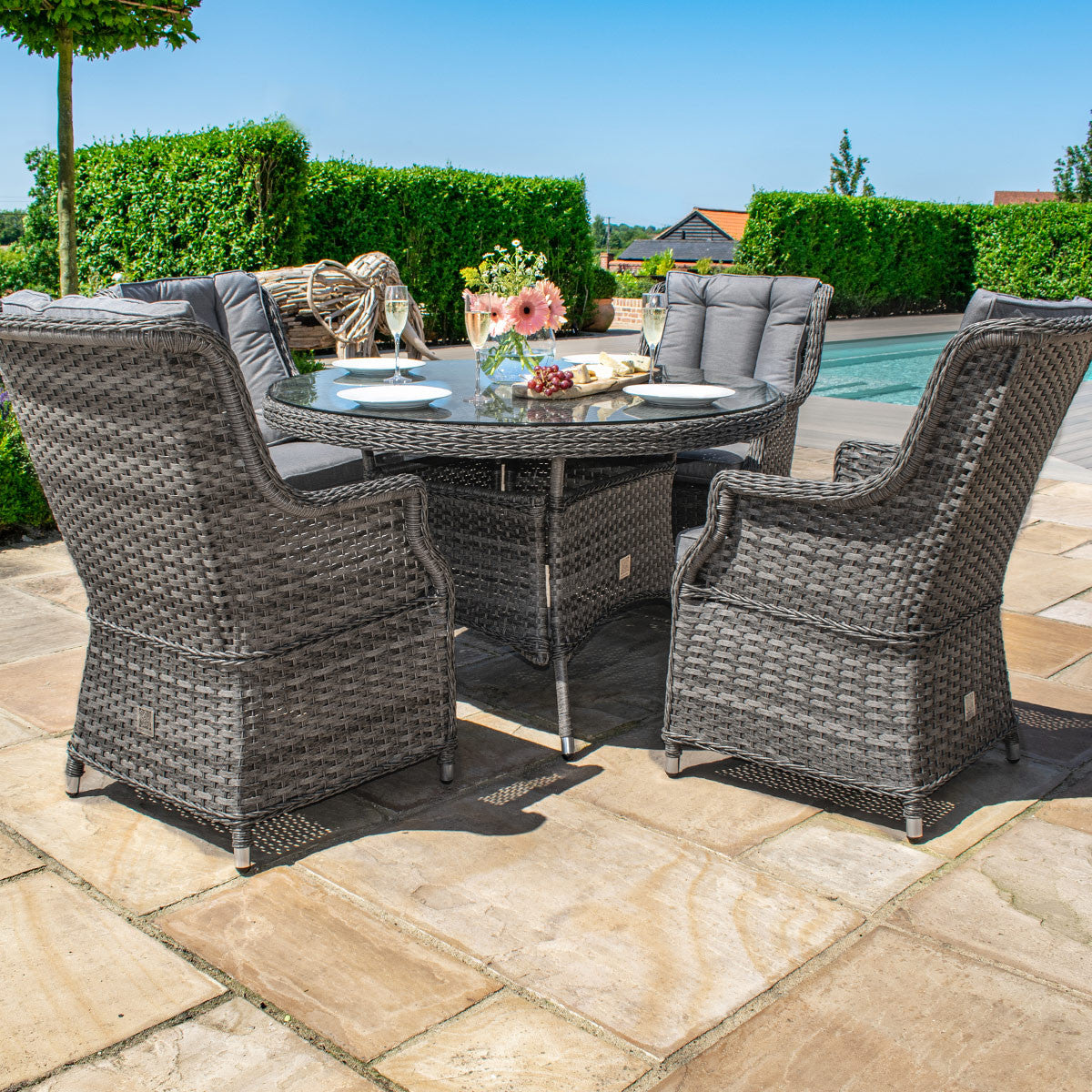 Victoria 4 Seat Round Dining Set with Square Chairs in Grey