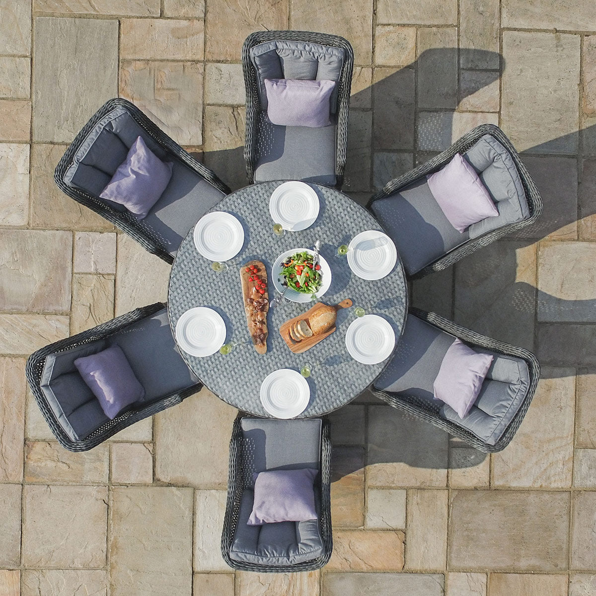 Victoria 6 Seat Round Dining Set with Square Chairs in Grey