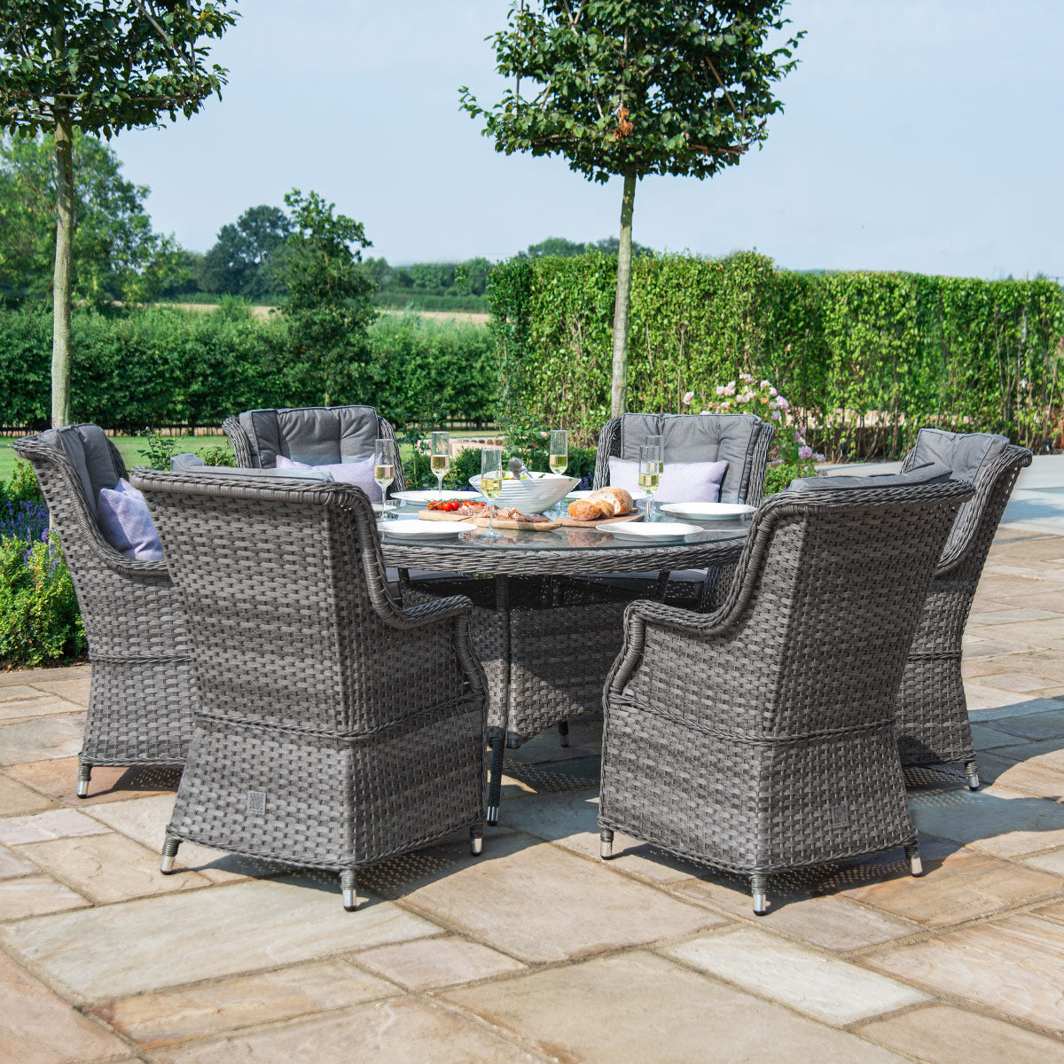 Victoria 6 Seat Round Dining Set with Square Chairs in Grey