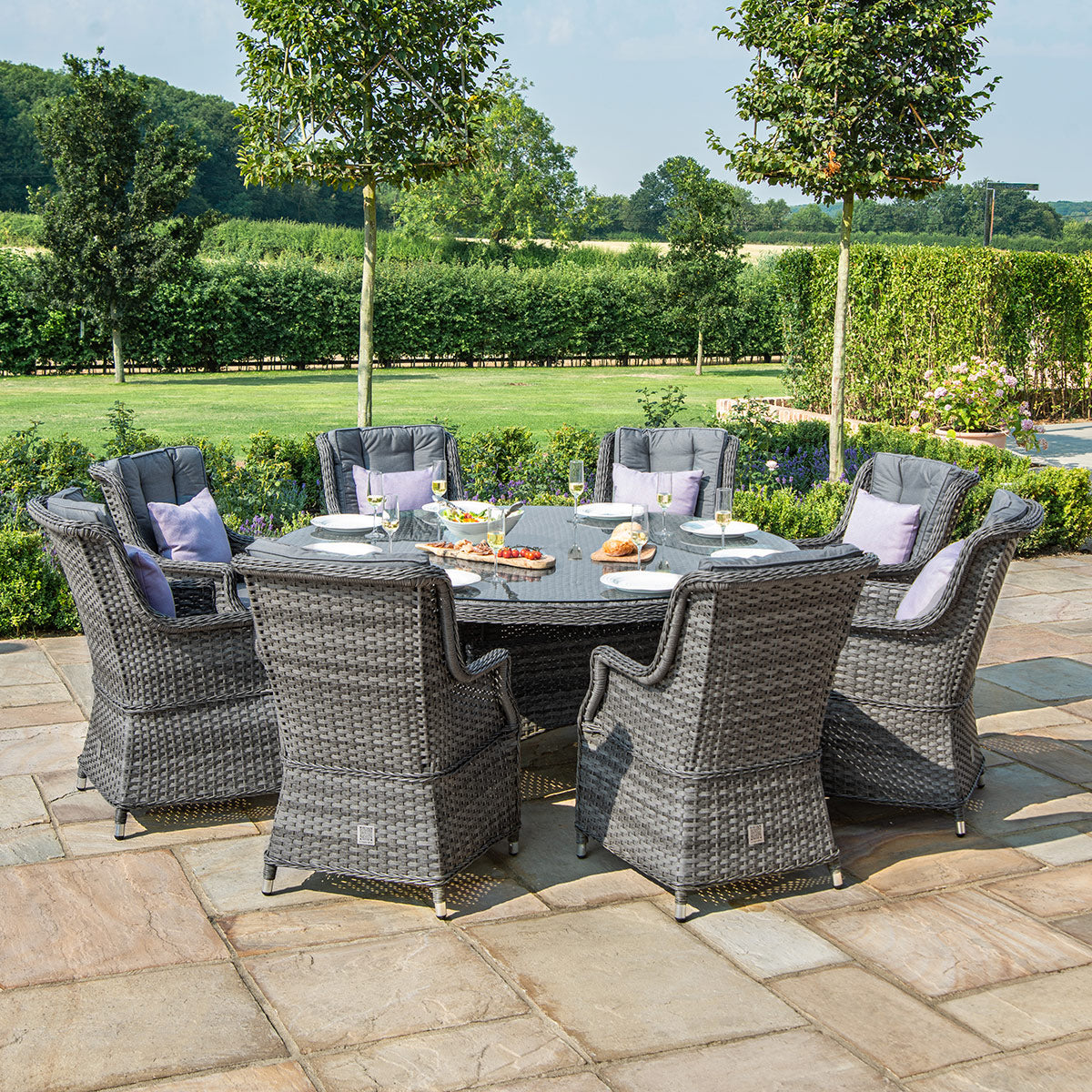 Victoria 8 Seat Round Dining Set with Square Chairs in Grey