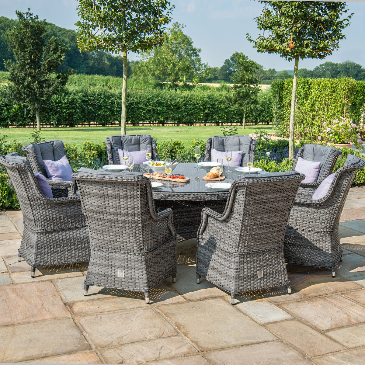 Victoria 8 Seat Round Dining Set with Square Chairs in Grey