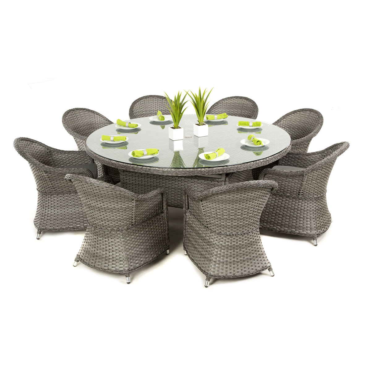 Victoria 8 Seat Round Dining Set with Square Chairs in Grey