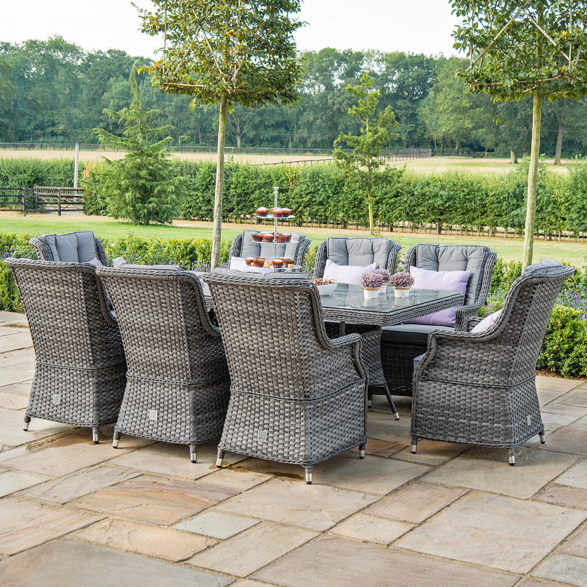 Victoria 8 Seat Rectangle Dining Set with Square Chairs in Grey