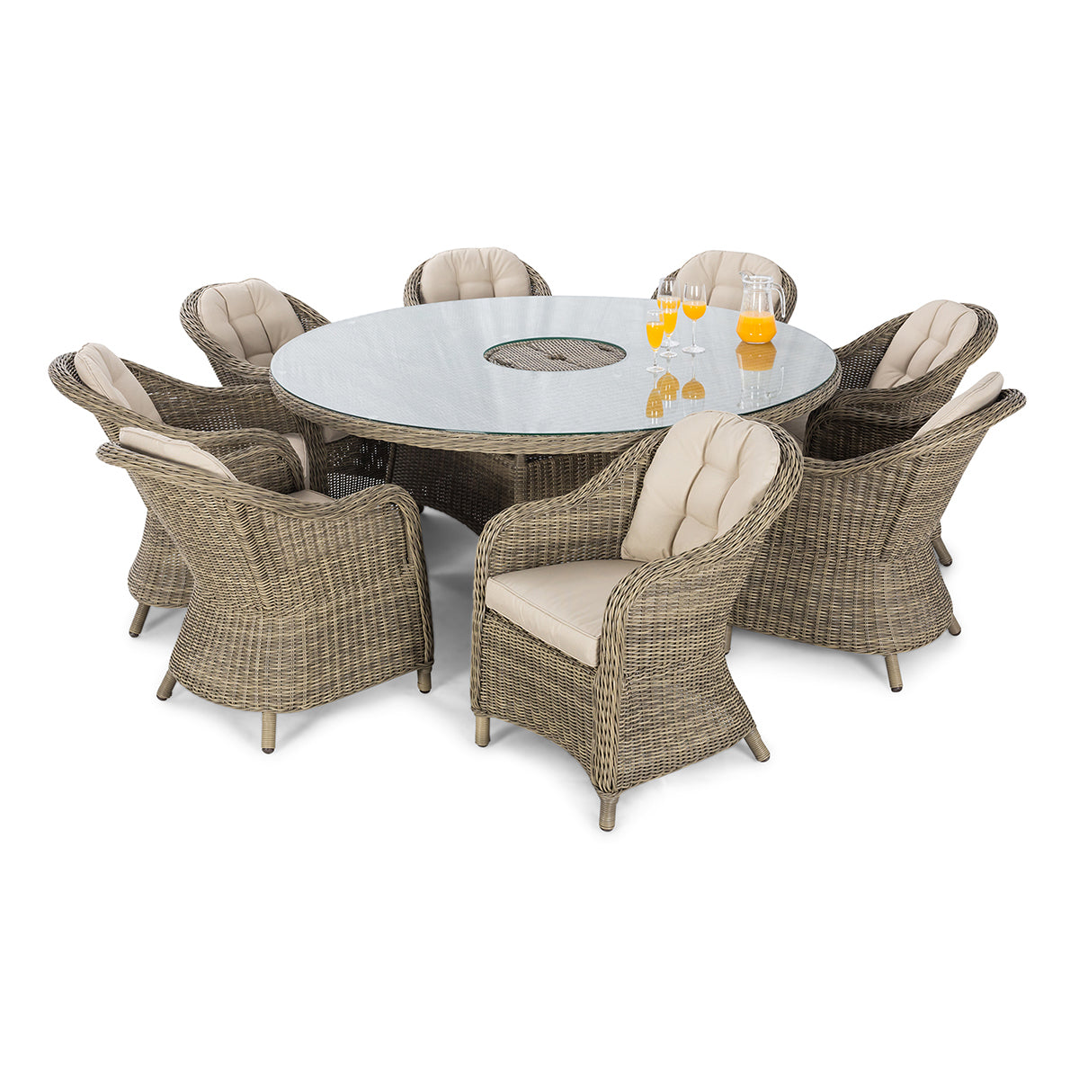 Winchester 8 Seat Round Fire Pit Dining Set with Venice Chairs and Lazy Susan in Natural