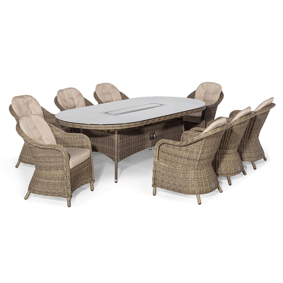 Winchester 8 Seat Oval Fire Pit Dining Set with Heritage Chairs in Natural