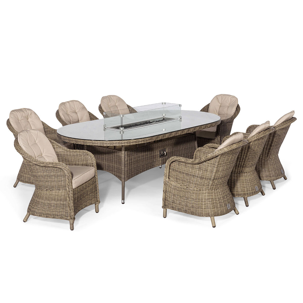 Winchester 8 Seat Oval Fire Pit Dining Set with Heritage Chairs in Natural